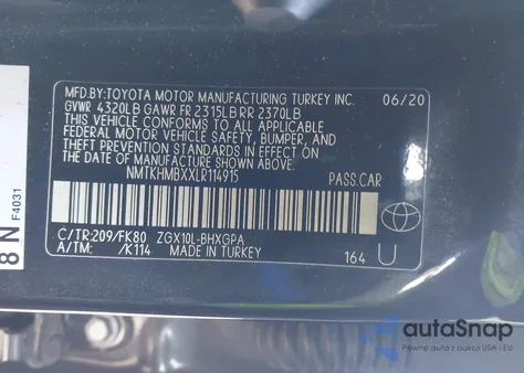 2020 Toyota C-Hr Xle z USA, uszkodzony, nr VIN NMTKHMBXXLR114915